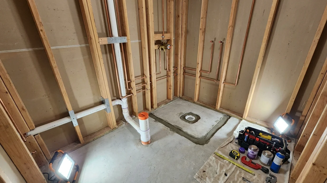 Bathroom rough-in plumbing during remodel by Johns Plumbing LLC in Thief River Falls