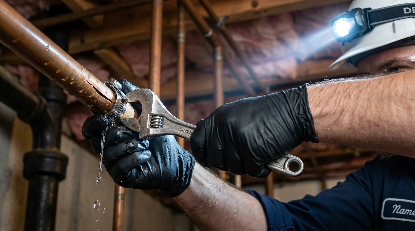 Emergency pipe clamp repair being performed by a Johns Plumbing LLC plumber in Thief River Falls