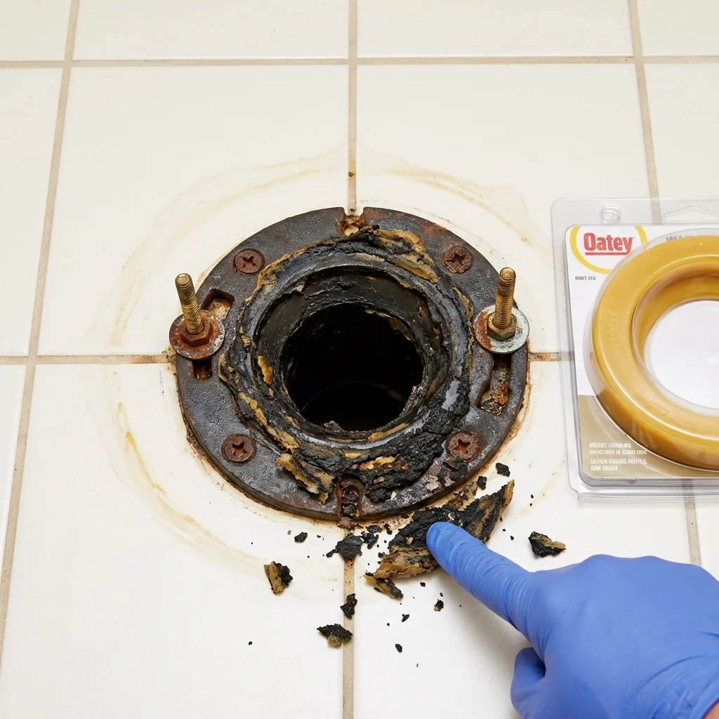 Failed wax ring showing water seepage at the base of a toilet in a Thief River Falls, MN home