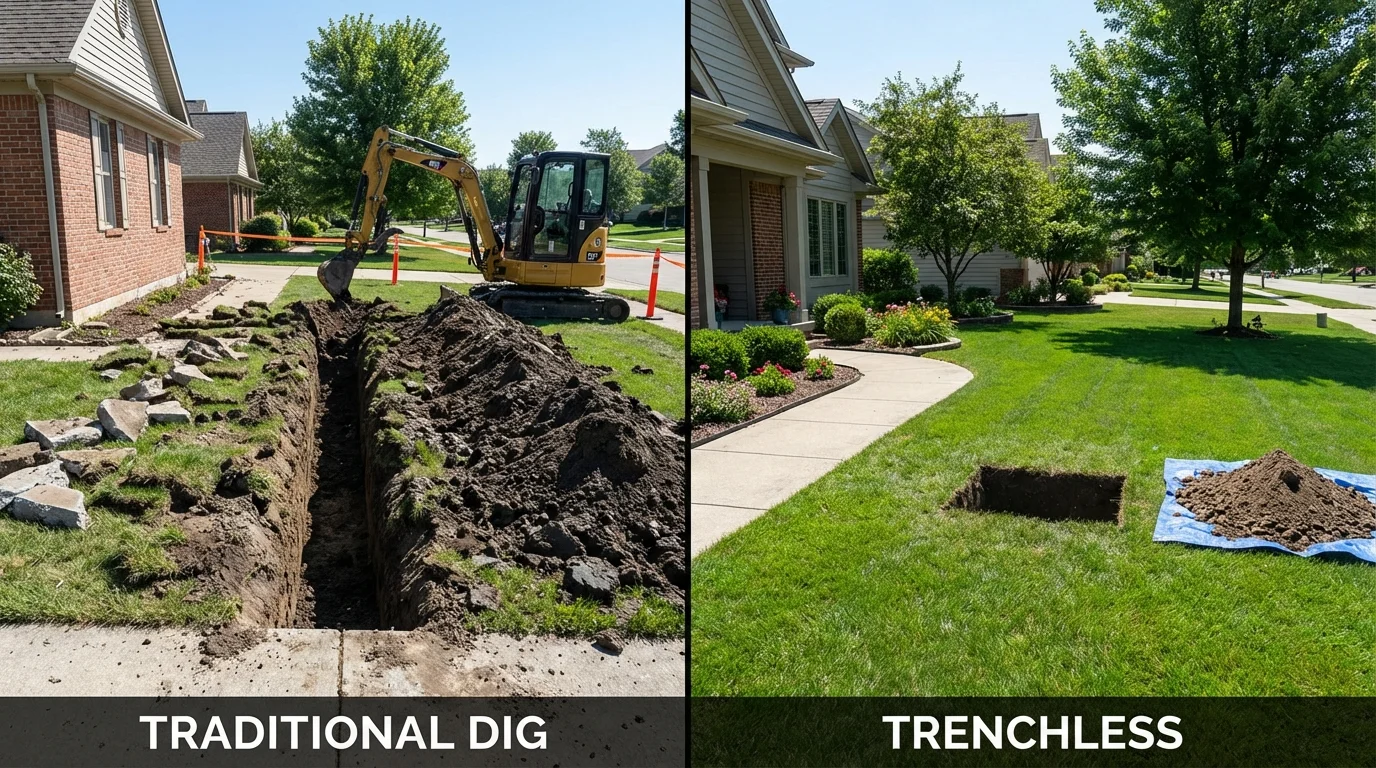 Trenchless sewer repair with minimal yard damage versus traditional excavation in Thief River Falls, MN