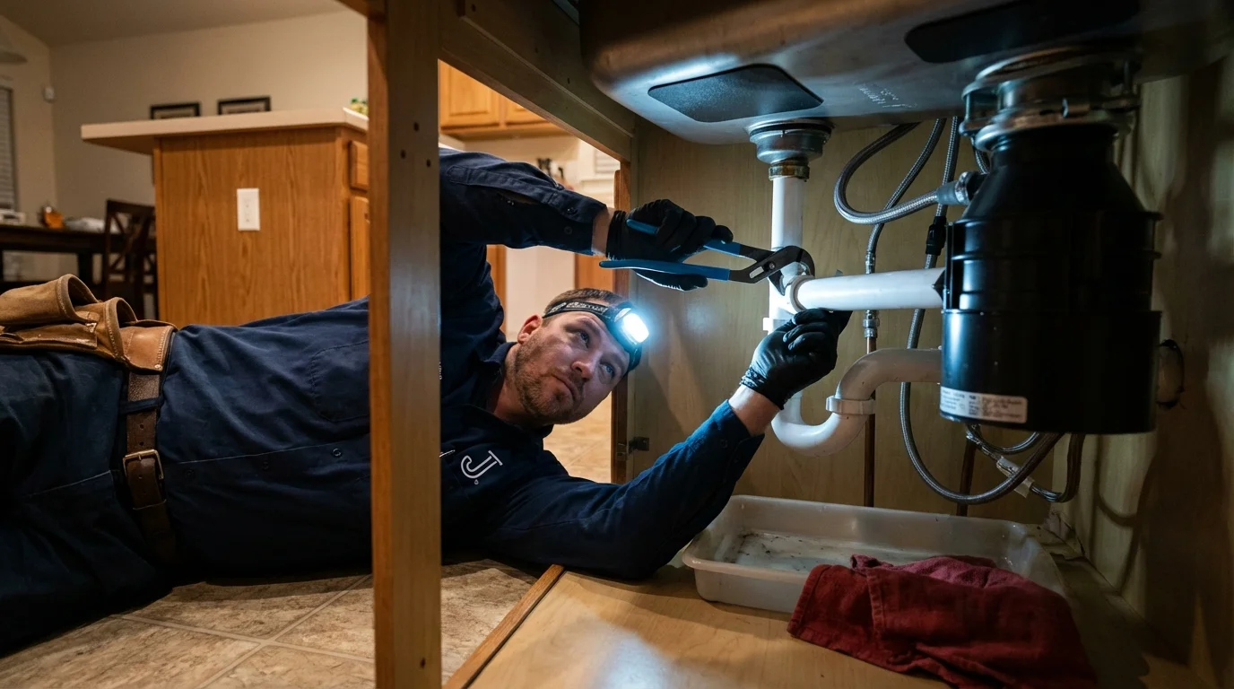 P-trap and supply line connections under a kitchen sink showing a common leak point in Thief River Falls, MN